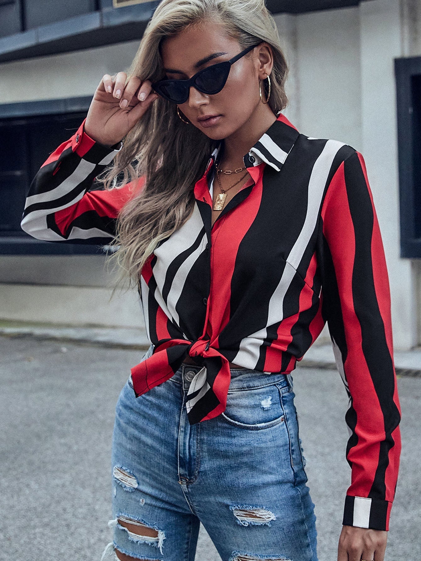 Red striped lapel long sleeve shirt Sai Feel