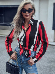 Red striped lapel long sleeve shirt Sai Feel