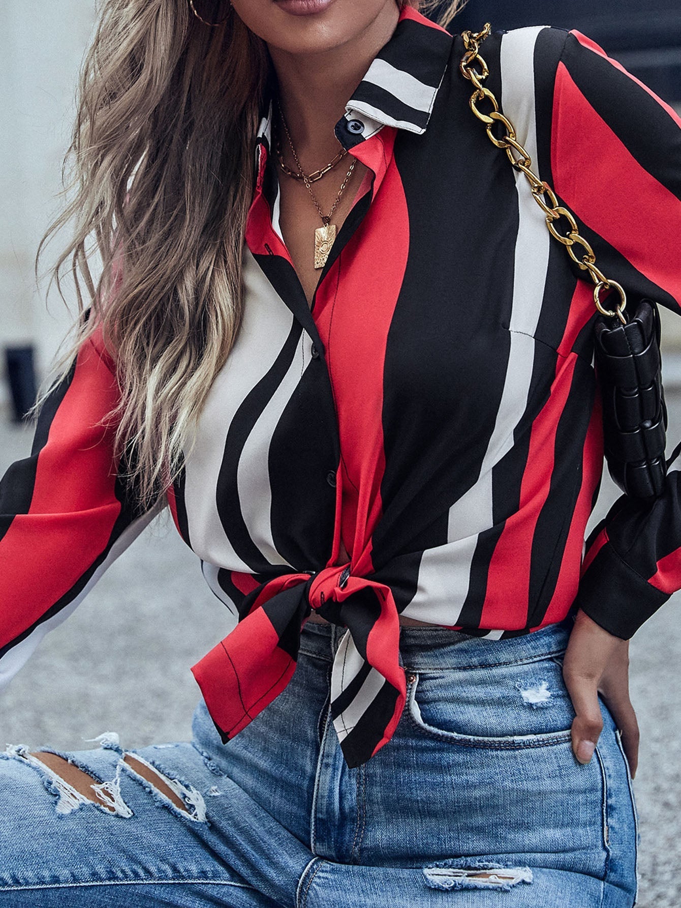 Red striped lapel long sleeve shirt Sai Feel