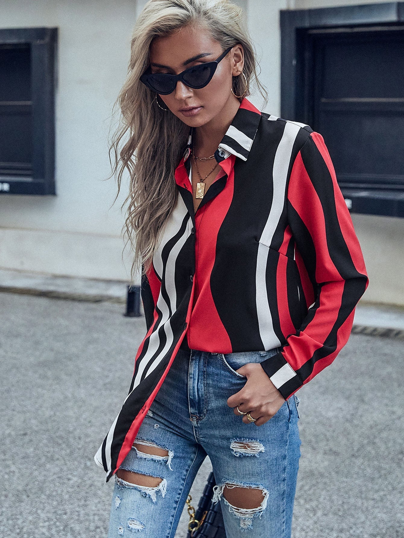 Red striped lapel long sleeve shirt Sai Feel