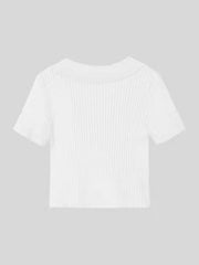 Retro lapel knit short sleeve v-neck trim short crop T-shirt Sai Feel