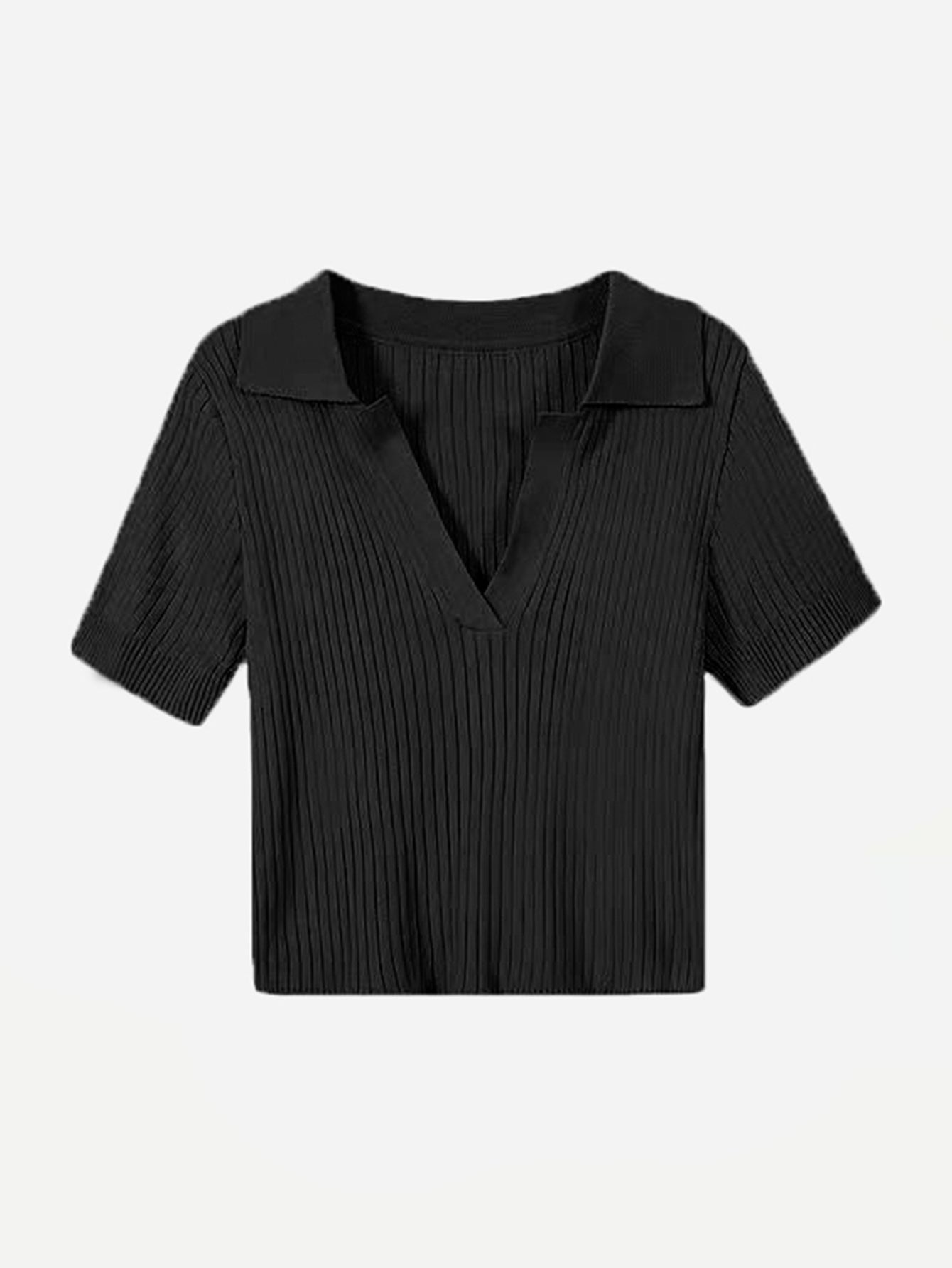 Retro lapel knit short sleeve v-neck trim short crop T-shirt Sai Feel