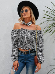 Retro zebra-patterned short off-the-shoulder fake collar bubble sleeve shirt top Sai Feel