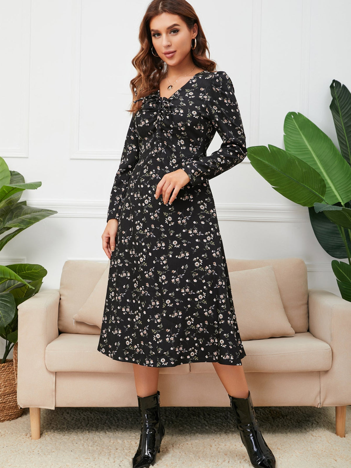 Rib Knit Ruched Bust Floral Dress Sai Feel