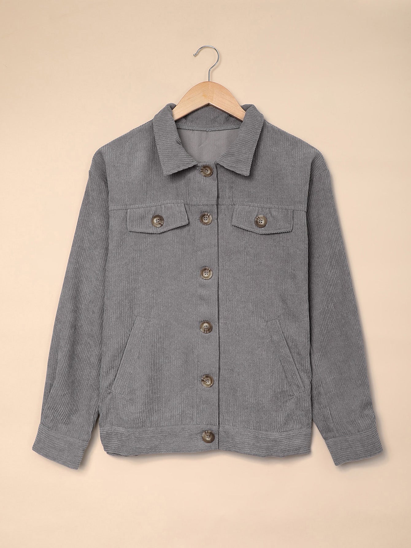 Ribbed Corduroy Long Sleeve Jacket with Pocket Sai Feel