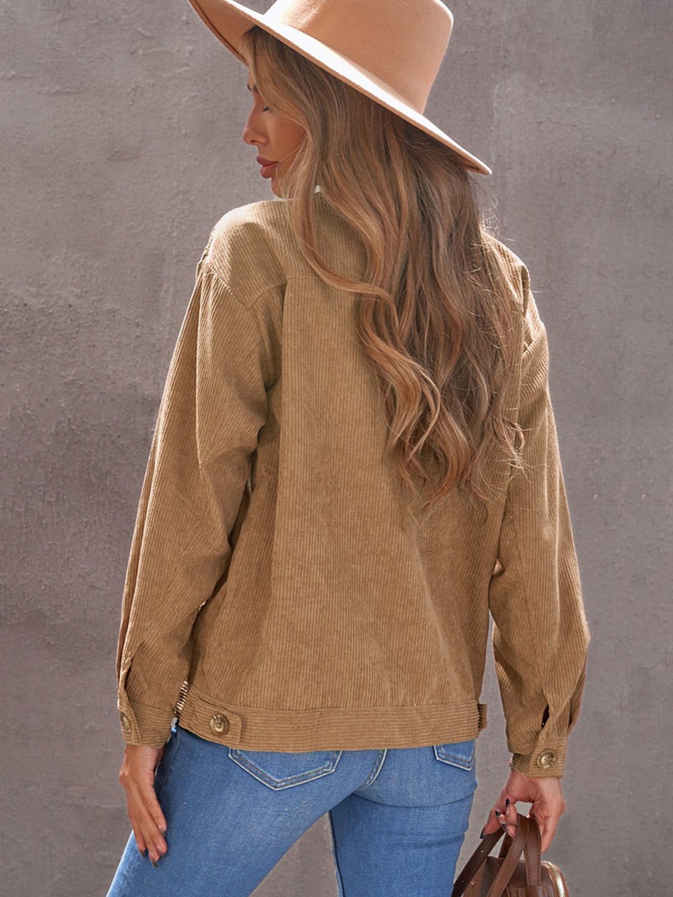 Ribbed Corduroy Long Sleeve Jacket with Pocket Sai Feel