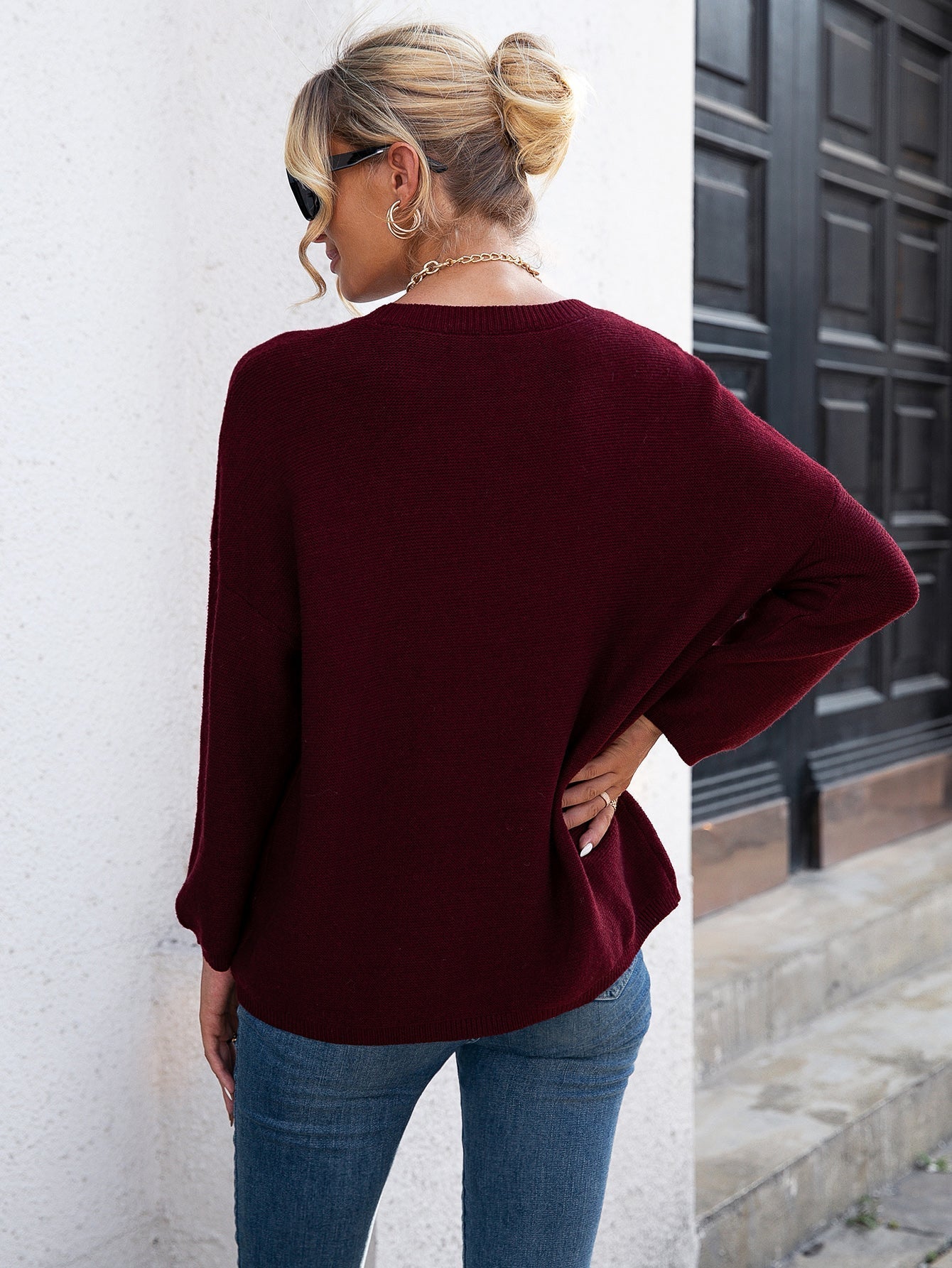 Ribbed Drop Shoulder Batwing Sleeve Pullover Sweater Sai Feel