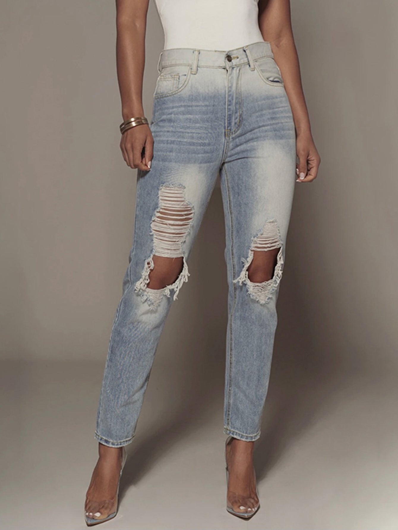 Ripped Detail Straight Leg Jeans Sai Feel