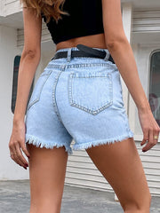 Ripped Raw Hem Solid Denim Shorts with Belt Sai Feel