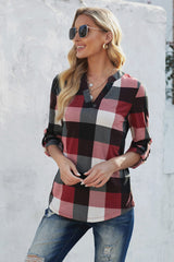 Roll-Up Long Sleeve Plaid Shirt Tops Casual V Neck Pullover Tunic Blouses Sai Feel