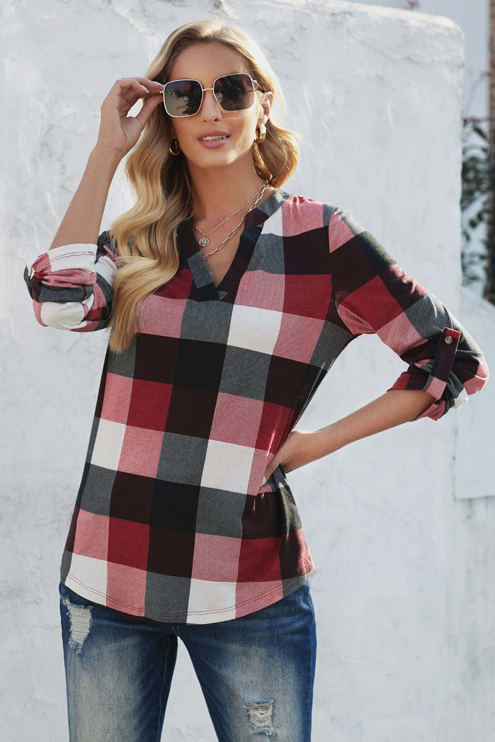 Roll-Up Long Sleeve Plaid Shirt Tops Casual V Neck Pullover Tunic ...