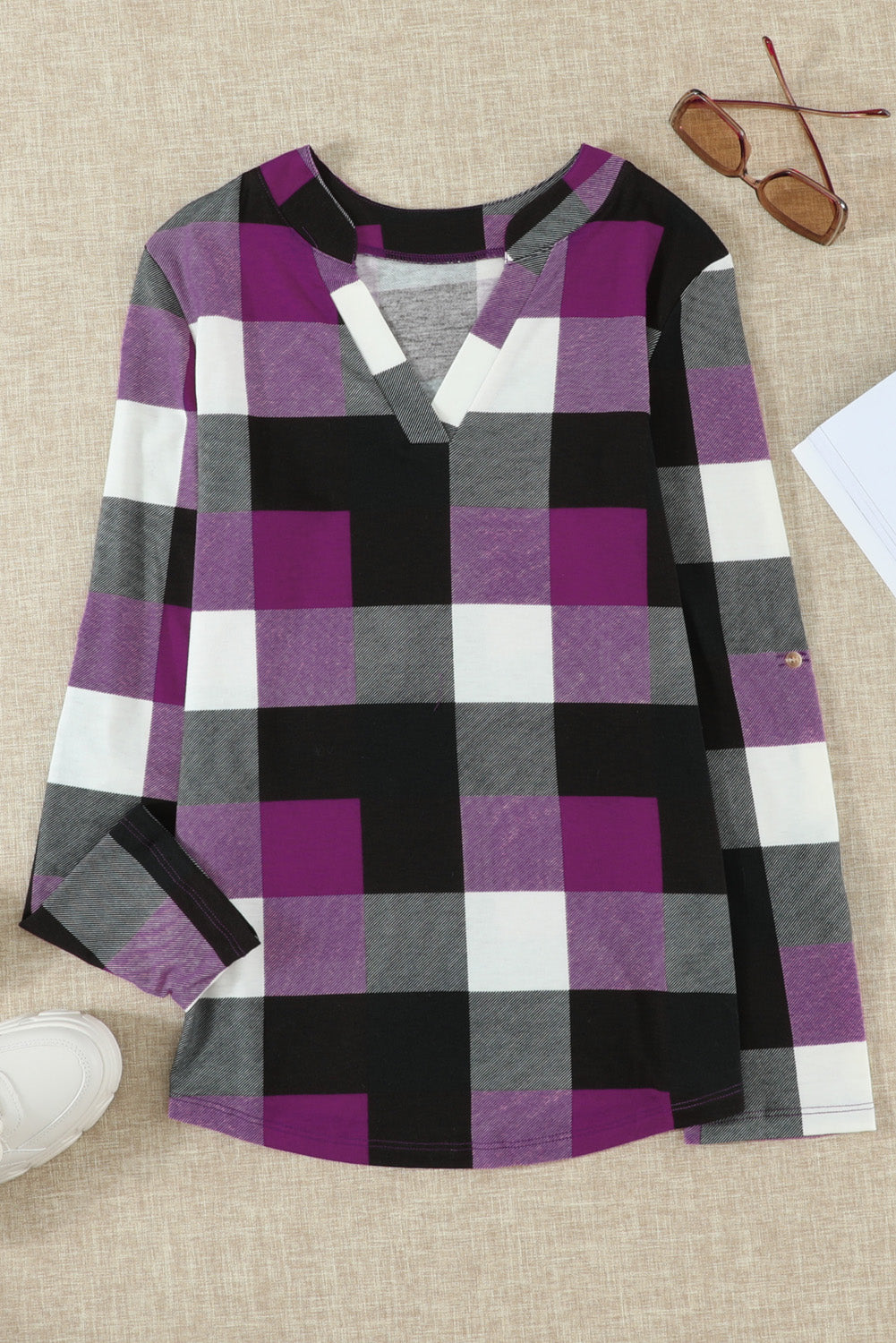 Roll-Up Long Sleeve Plaid Shirt Tops Casual V Neck Pullover Tunic Blouses Sai Feel