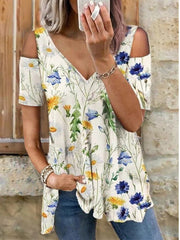 Romantic Floral V-Neck Off-Shoulder Short Sleeve T-Shirt Sai Feel