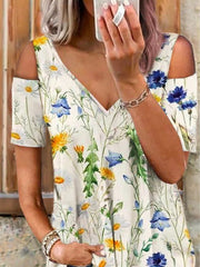 Romantic Floral V-Neck Off-Shoulder Short Sleeve T-Shirt Sai Feel