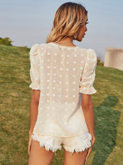 Round Neck Polka Dot Embroidered Short-sleeved Top Blouse Sai Feel