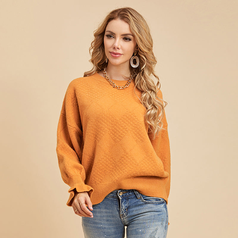 Round Neck Pullover Ladies Sweater Solid Color Long-sleeved Sweater Sai Feel
