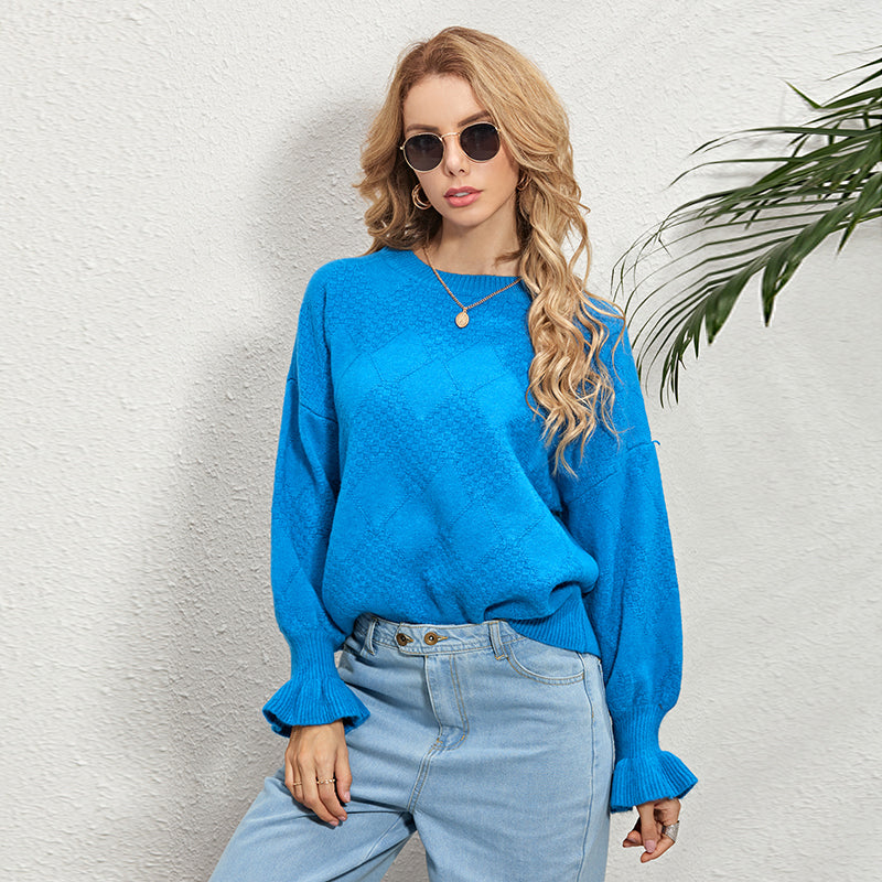 Round Neck Pullover Ladies Sweater Solid Color Long-sleeved Sweater Sai Feel