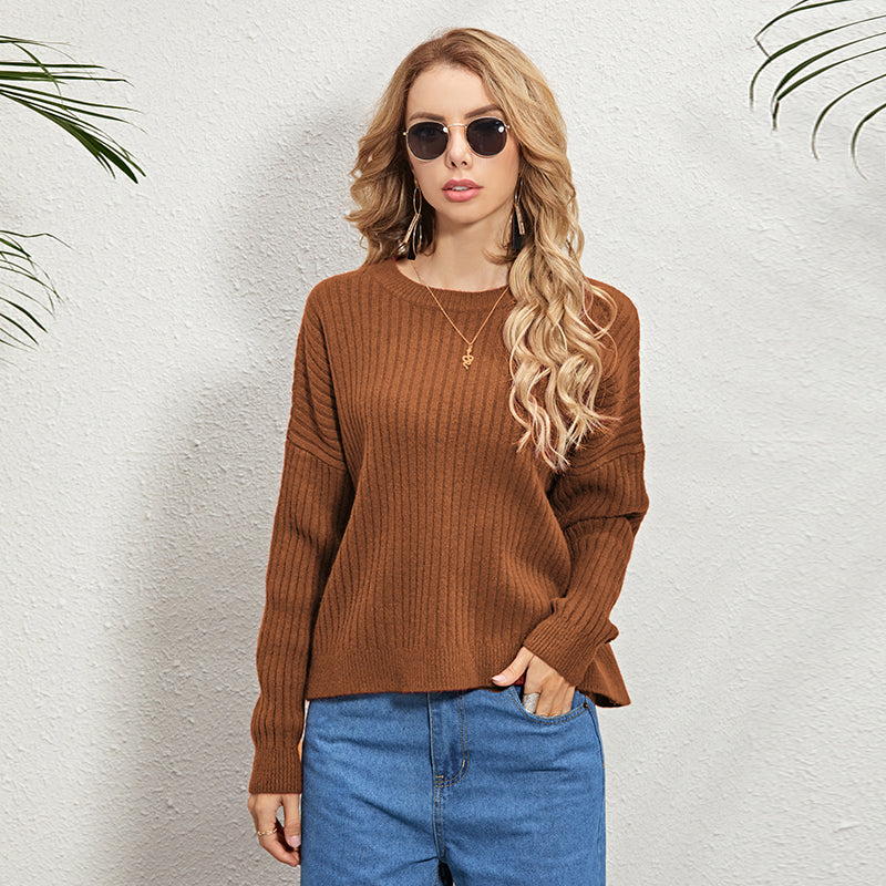 Round Neck Pullover Ladies Sweater Solid Color Long-sleeved Sweater Solid Rib-Knit Drop Shoulder Sweater Sai Feel