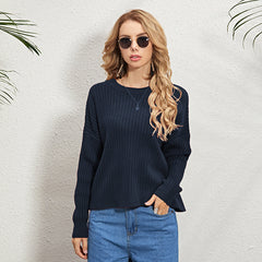 Round Neck Pullover Ladies Sweater Solid Color Long-sleeved Sweater Solid Rib-Knit Drop Shoulder Sweater Sai Feel