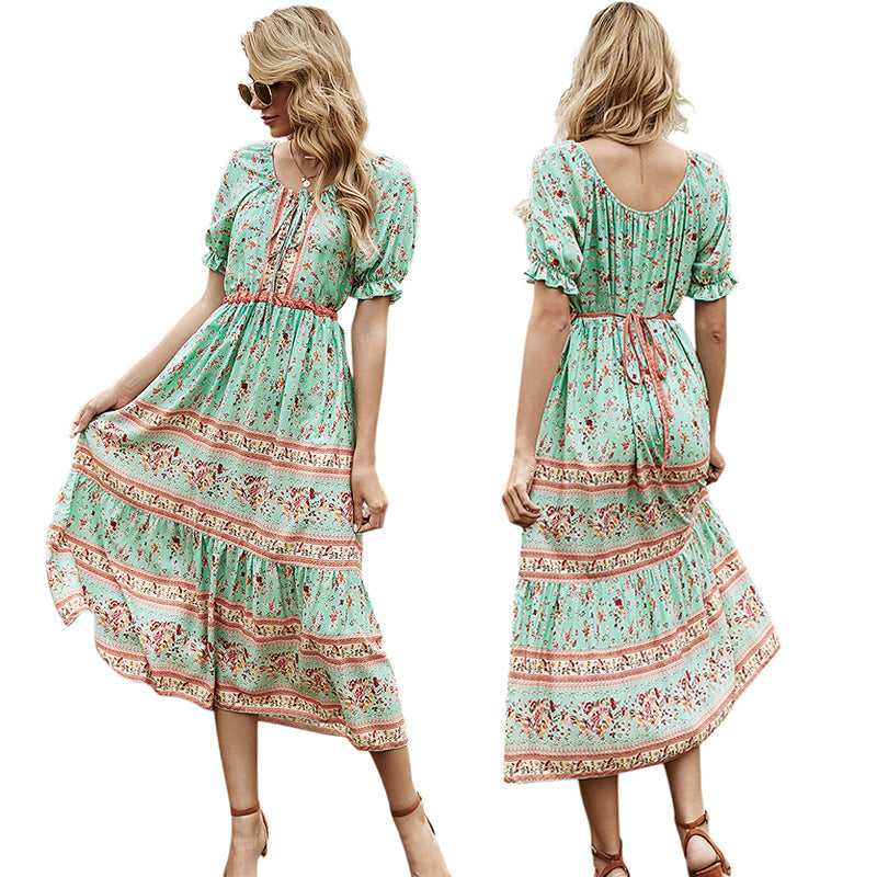Round Neck Stitching Lace Long Skirt Printed Dress Sai Feel