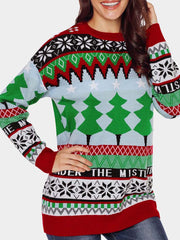 Round Neck Top Long Sleeve Christmas Print Pullover Casual Knit Sweater Sai Feel