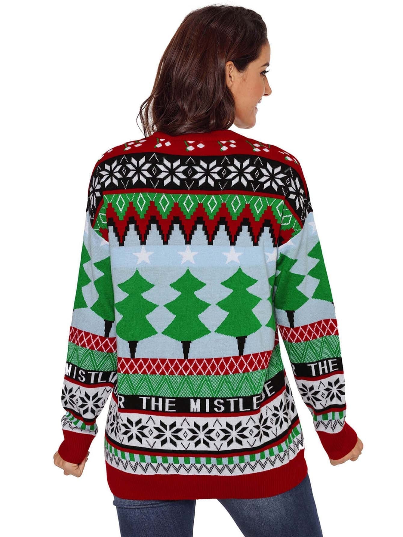 Round Neck Top Long Sleeve Christmas Print Pullover Casual Knit Sweater Sai Feel