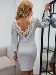 Round neck backless stitching lace puff sleeve dress Sai Feel