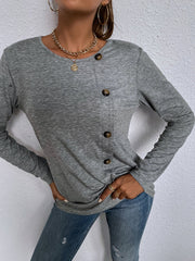 Round neck long-sleeved single-breasted casual home loose t-shirt Sai Feel