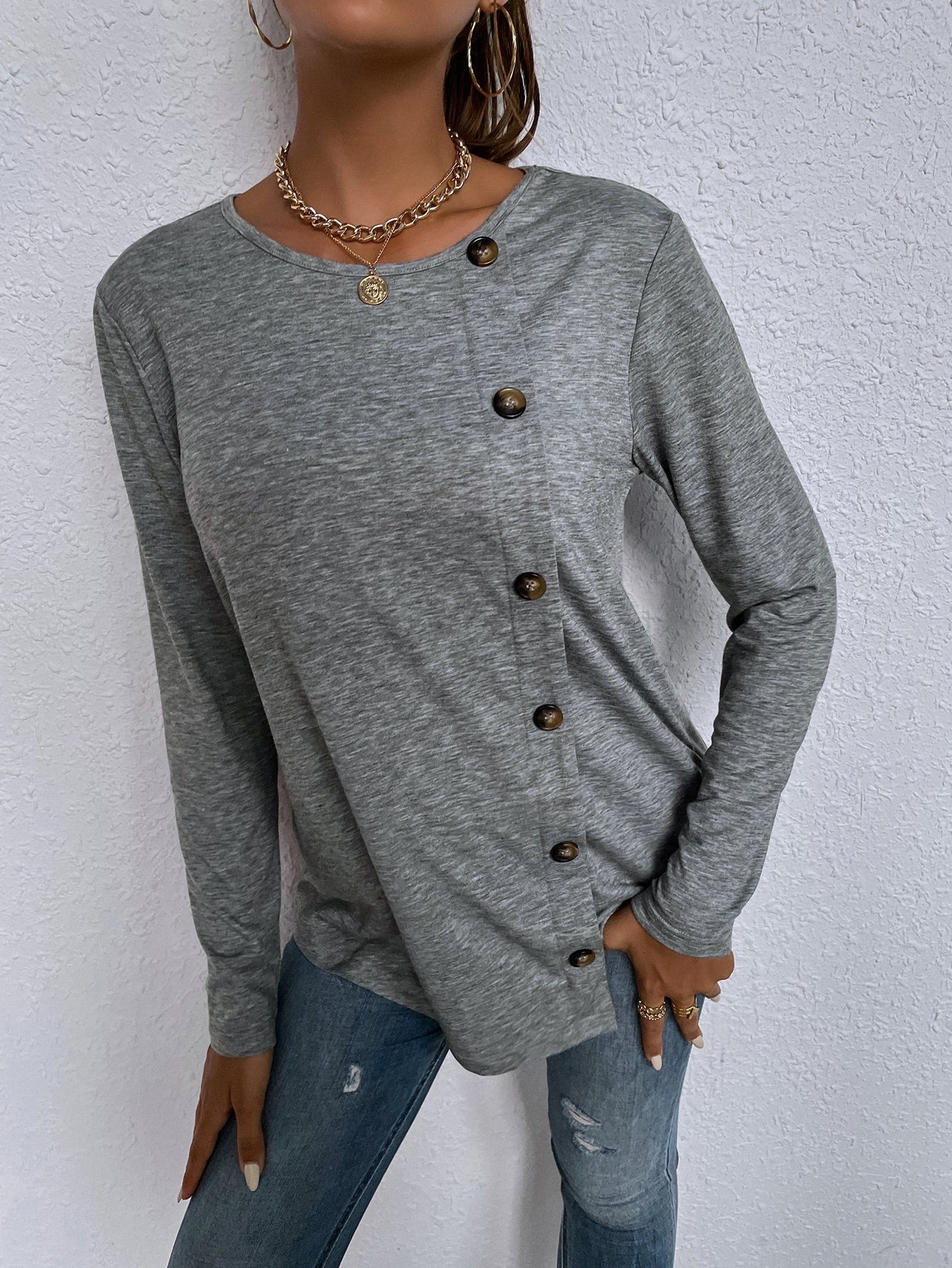 Round neck long-sleeved single-breasted casual home loose t-shirt Sai Feel