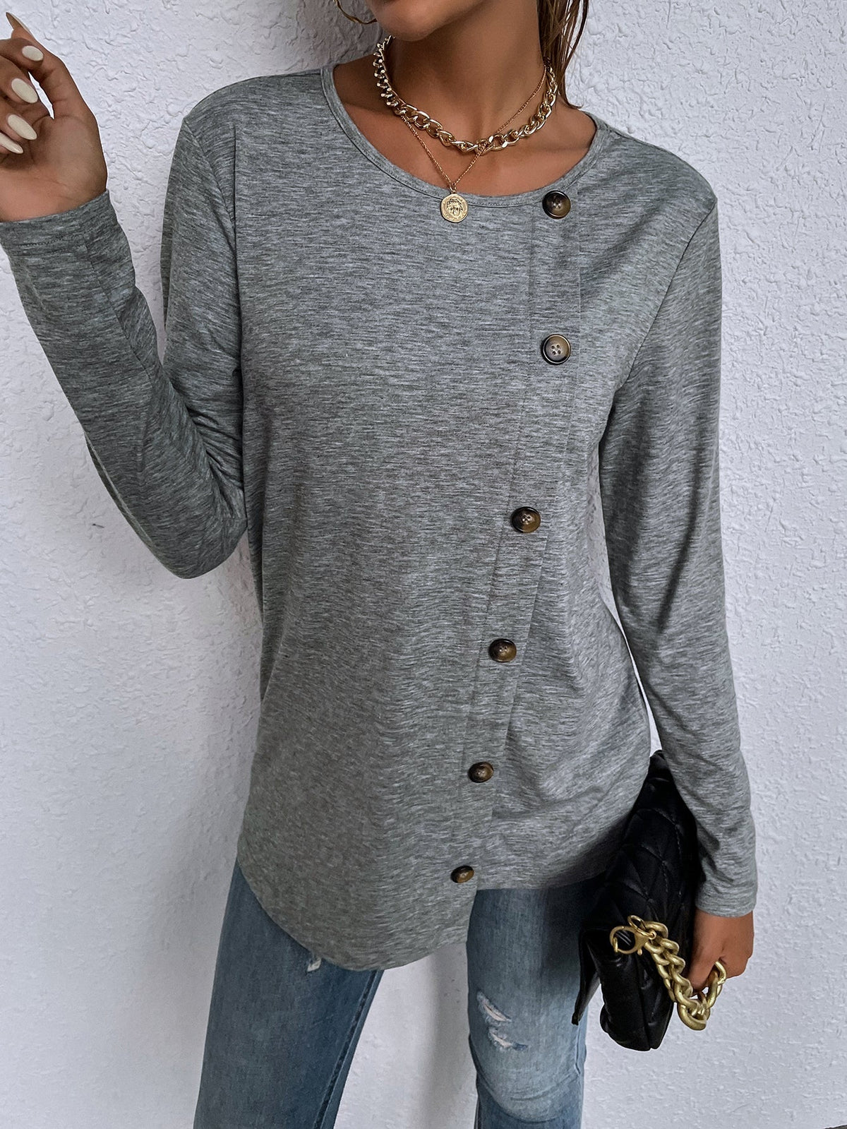 Round neck long-sleeved single-breasted casual home loose t-shirt Sai Feel