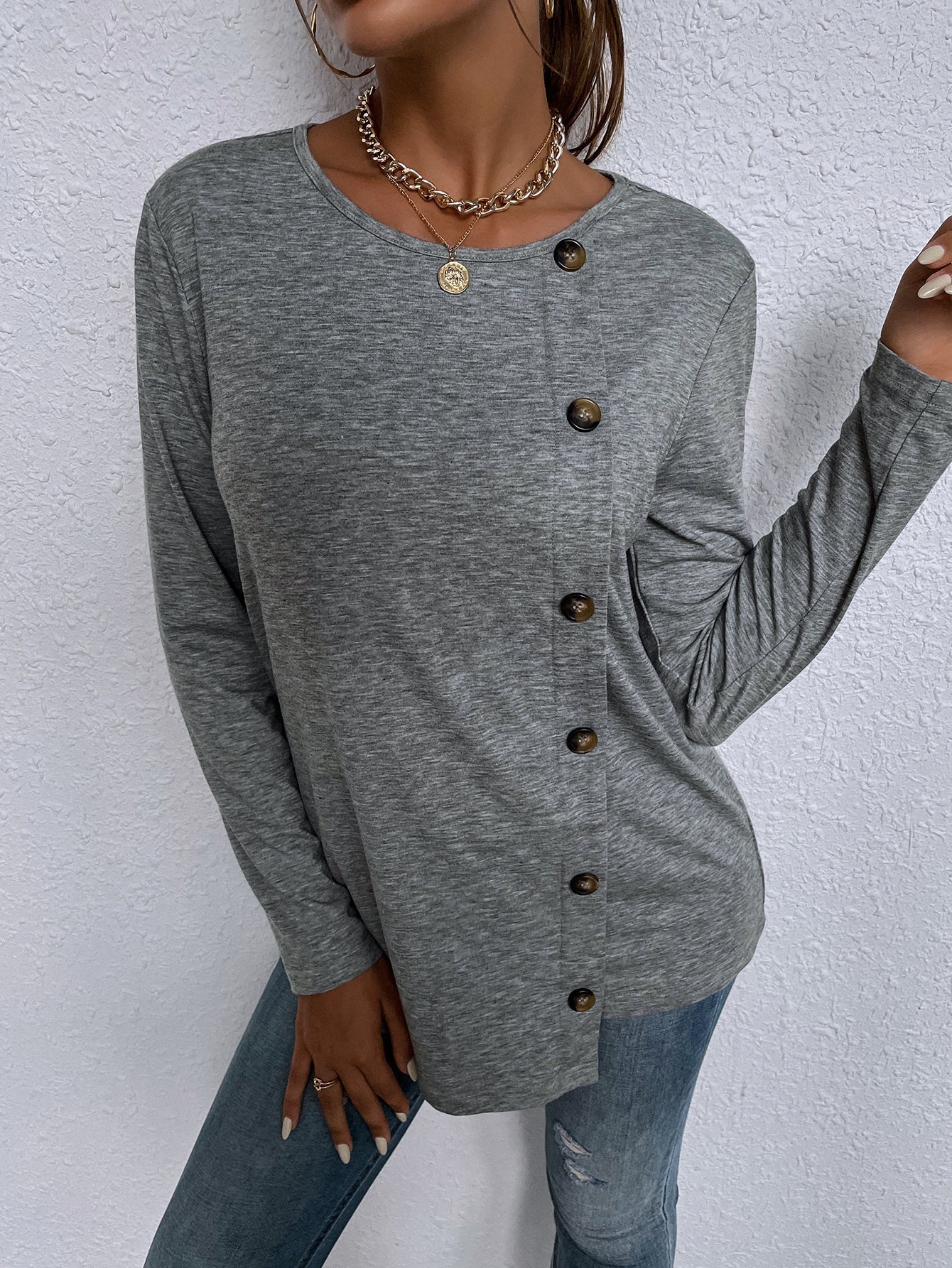 Round neck long-sleeved single-breasted casual home loose t-shirt Sai Feel