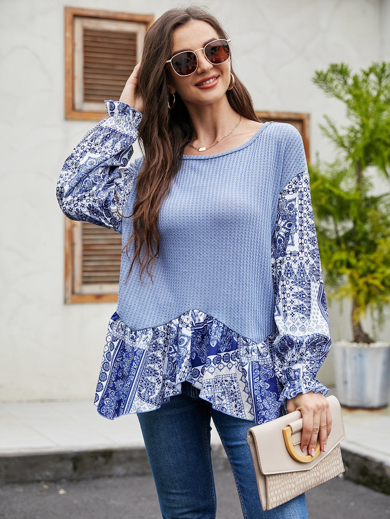 Round neck loose long sleeve top Sai Feel