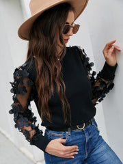 Round neck slim-fit black long-sleeved lace floral casual top Sai Feel