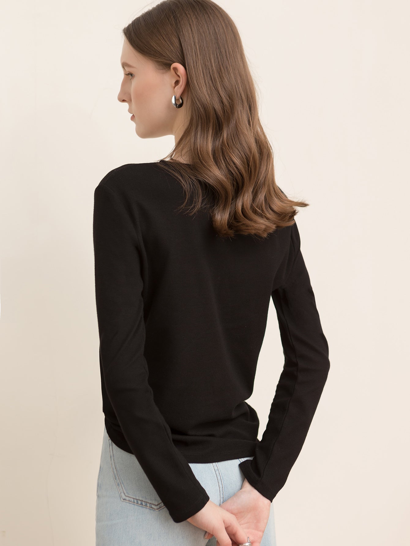 Round neck zipper solid color long-sleeved loose crop top Sai Feel