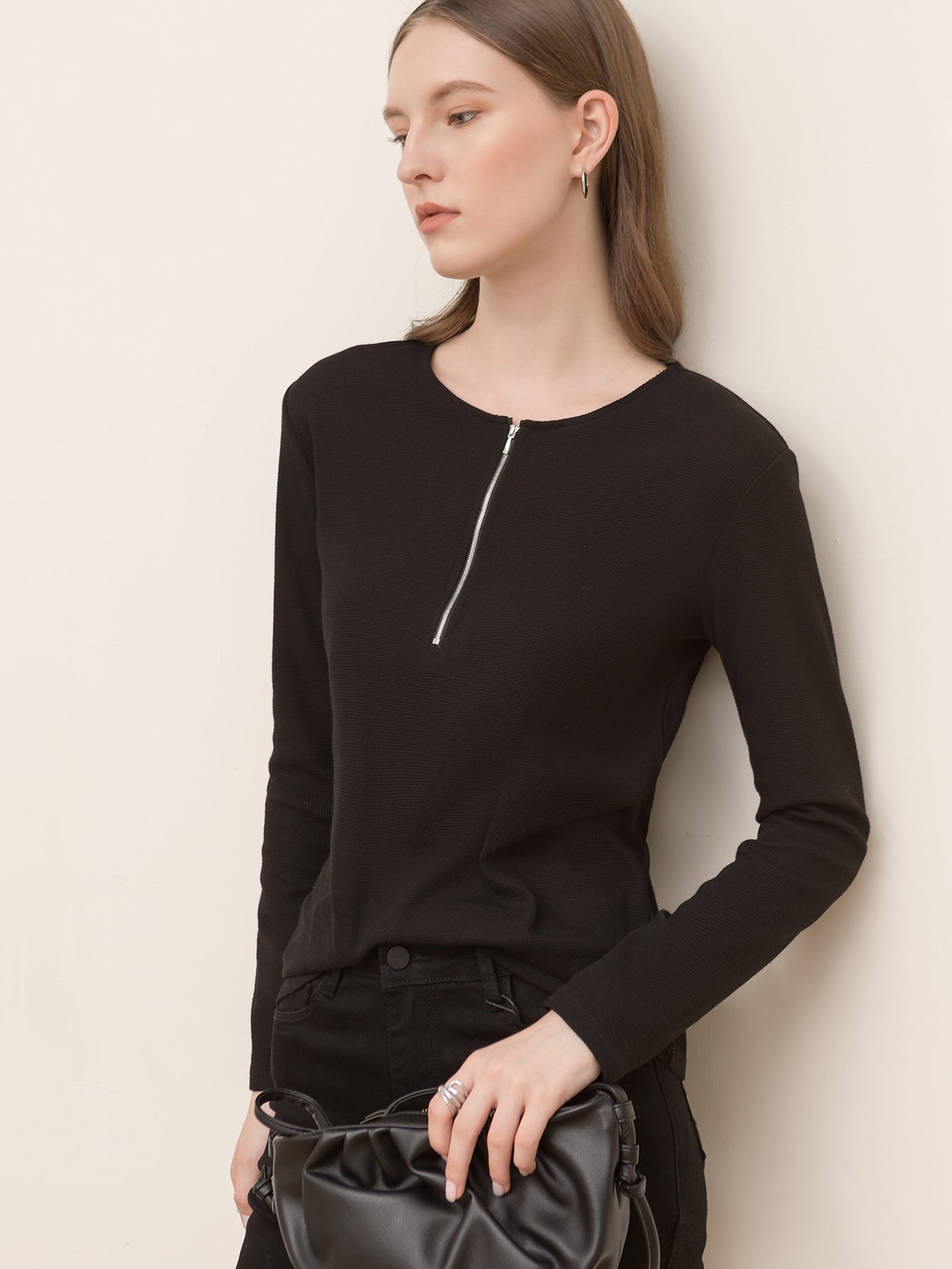 Round neck zipper solid color long-sleeved loose crop top Sai Feel