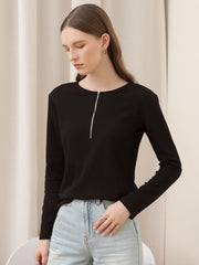 Round neck zipper solid color long-sleeved loose crop top Sai Feel