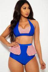 Royal Blue Striped Halter Ruffled High Waist Two Piece Swimsuit Sai Feel