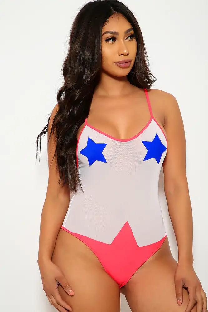 Royal Blue White Red Patriotic Netted Mesh Star Patch Swimsuit Sai Feel