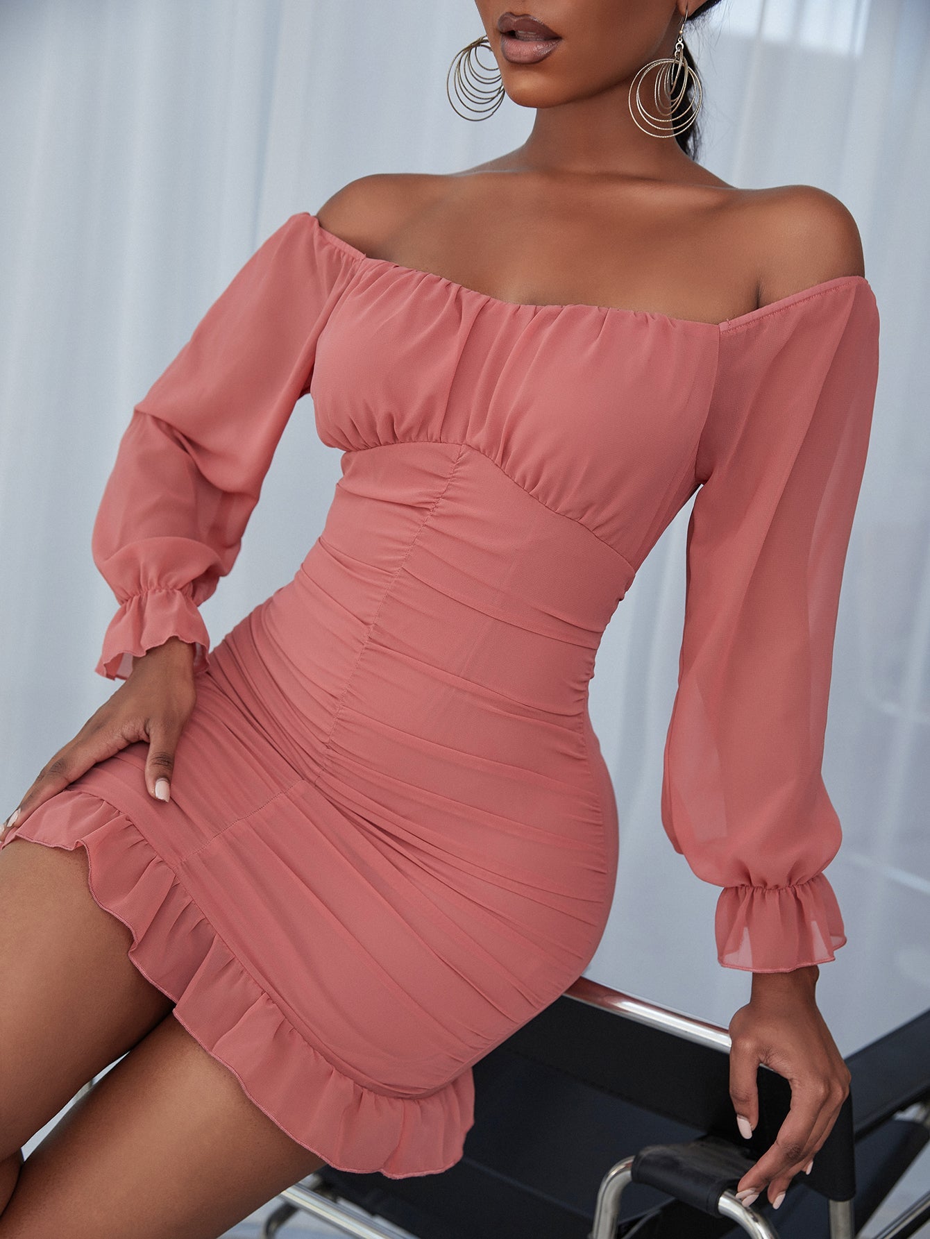 Ruched Off Shoulder Flounce Sleeve Bodycon Dress Sai Feel