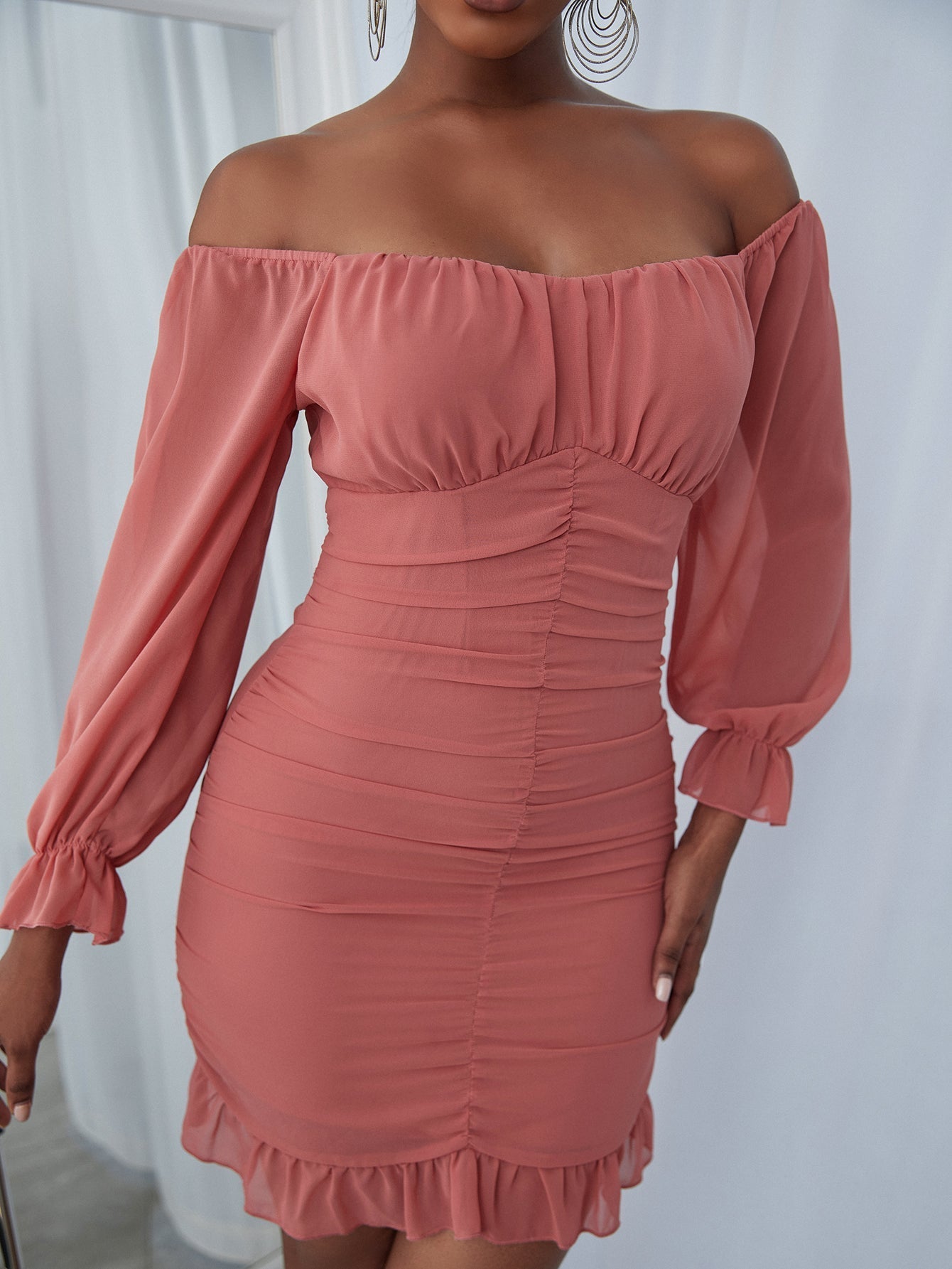 Ruched Off Shoulder Flounce Sleeve Bodycon Dress Sai Feel