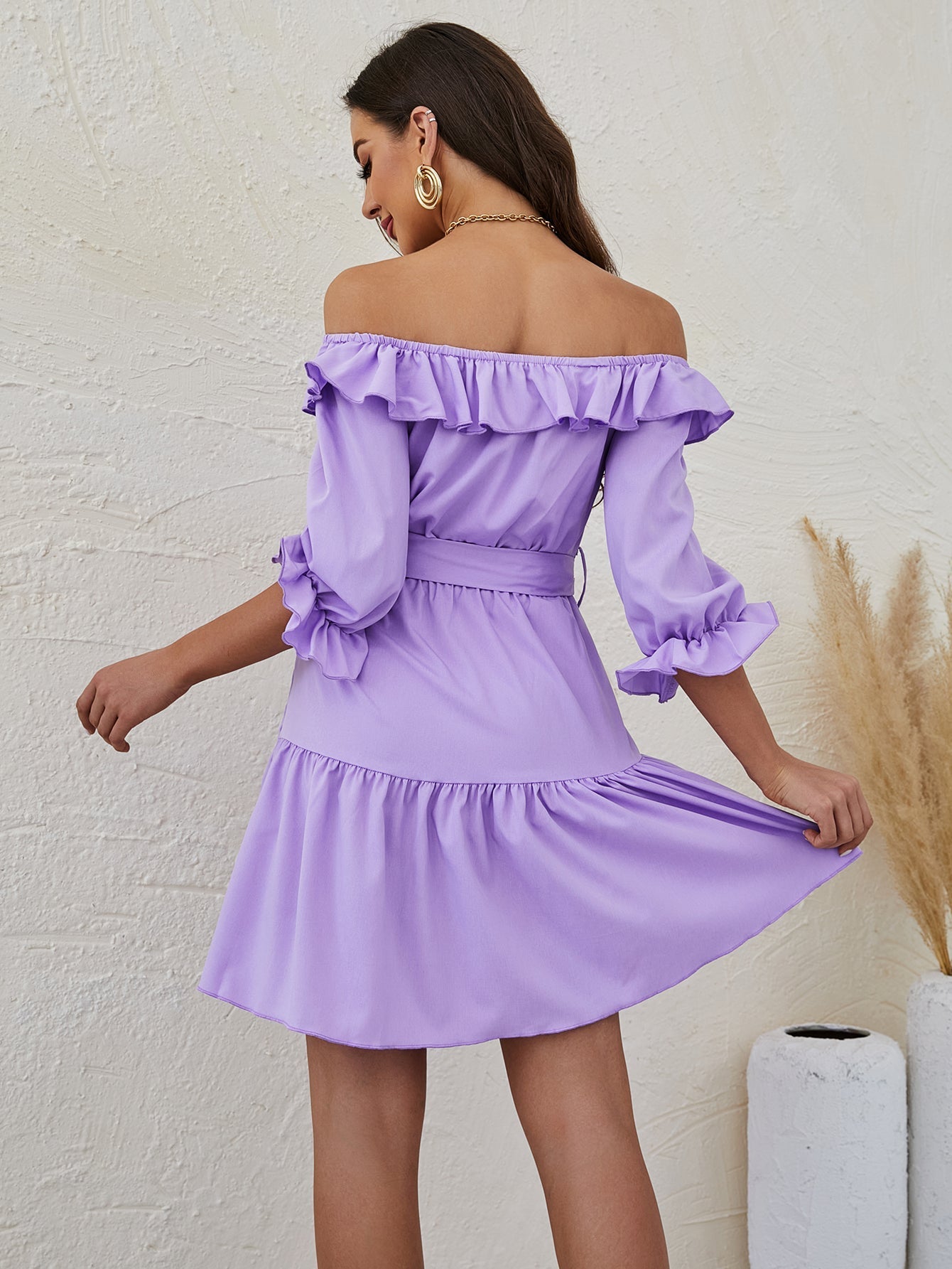 Ruffle Hem Belted Bardot Dress Sai Feel