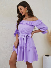 Ruffle Hem Belted Bardot Dress Sai Feel