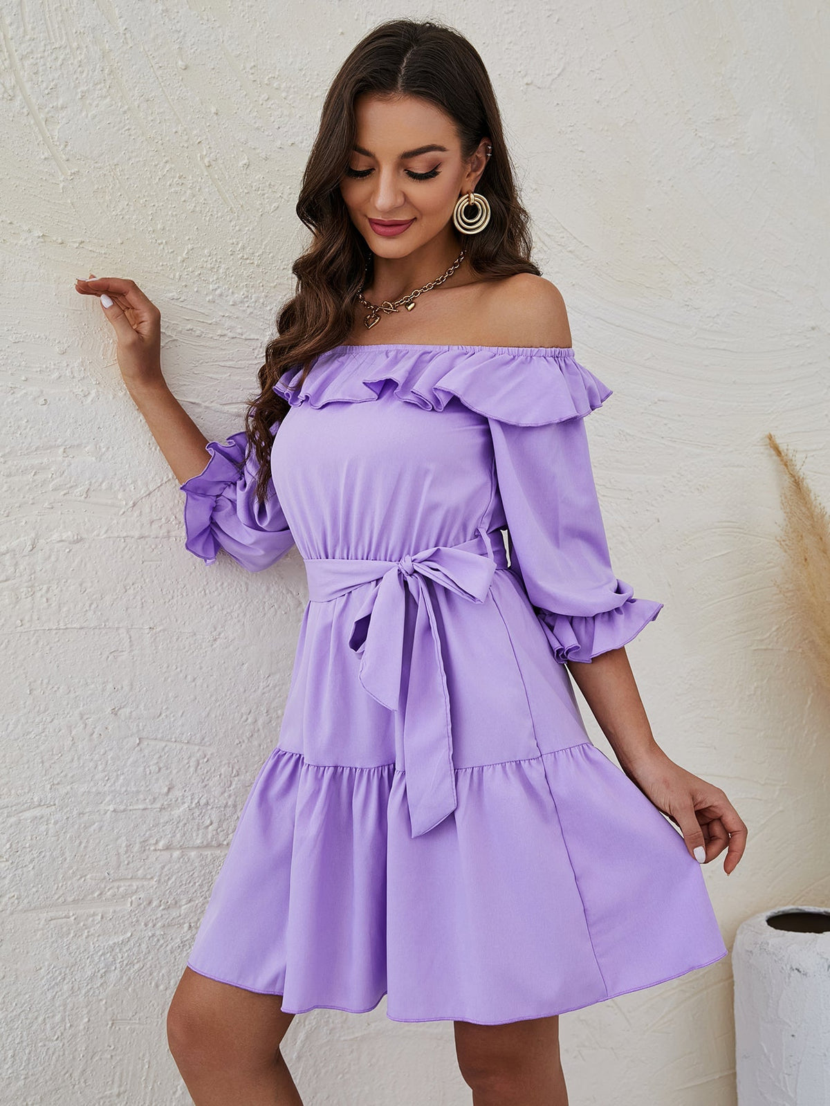 Ruffle Hem Belted Bardot Dress Sai Feel