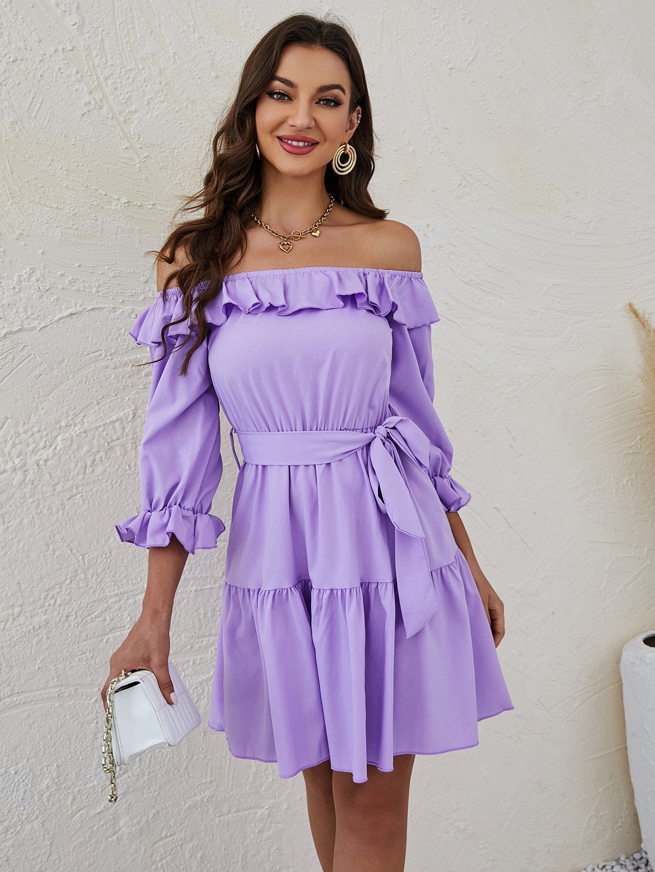 Ruffle Hem Belted Bardot Dress Sai Feel