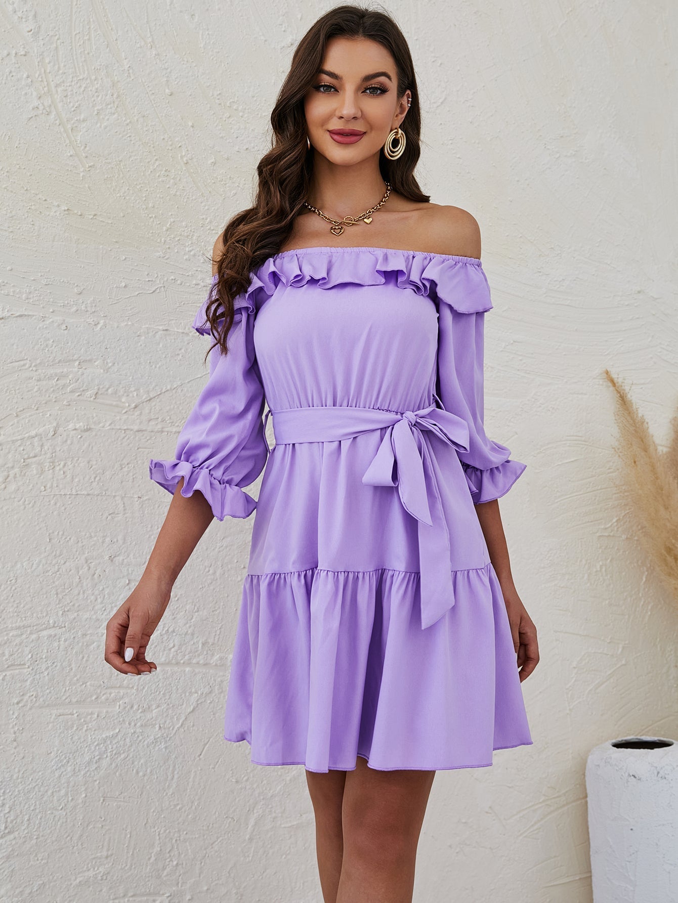 Ruffle Hem Belted Bardot Dress Sai Feel