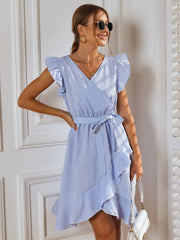 Ruffle Hem Butterfly Sleeve Belted Striped Dress Sai Feel