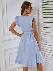 Ruffle Hem Butterfly Sleeve Belted Striped Dress Sai Feel