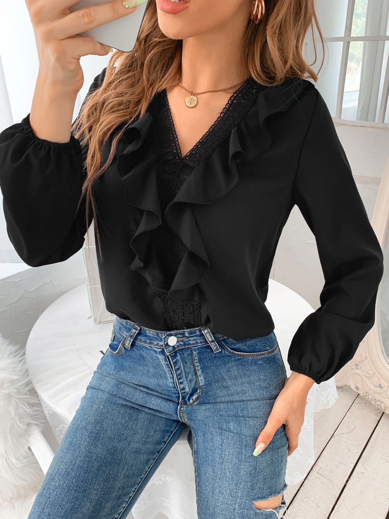 Ruffle Neck Contrast Lace Blouse Sai Feel