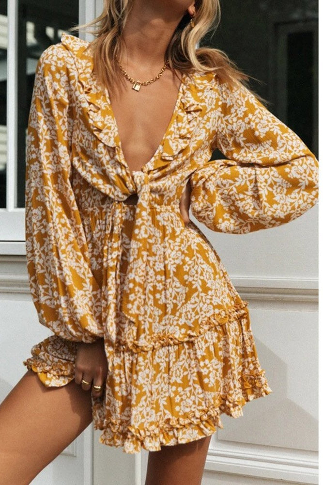 Ruffle Plunging Tie Long Sleeve Bohemian Mini Dress Sai Feel