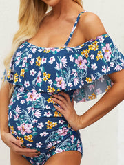 Ruffle Trim Ruched Maternity Swimsuit  Off Shoulder Tankini Flower Printed Pregnancy Bathing Suit Sai Feel
